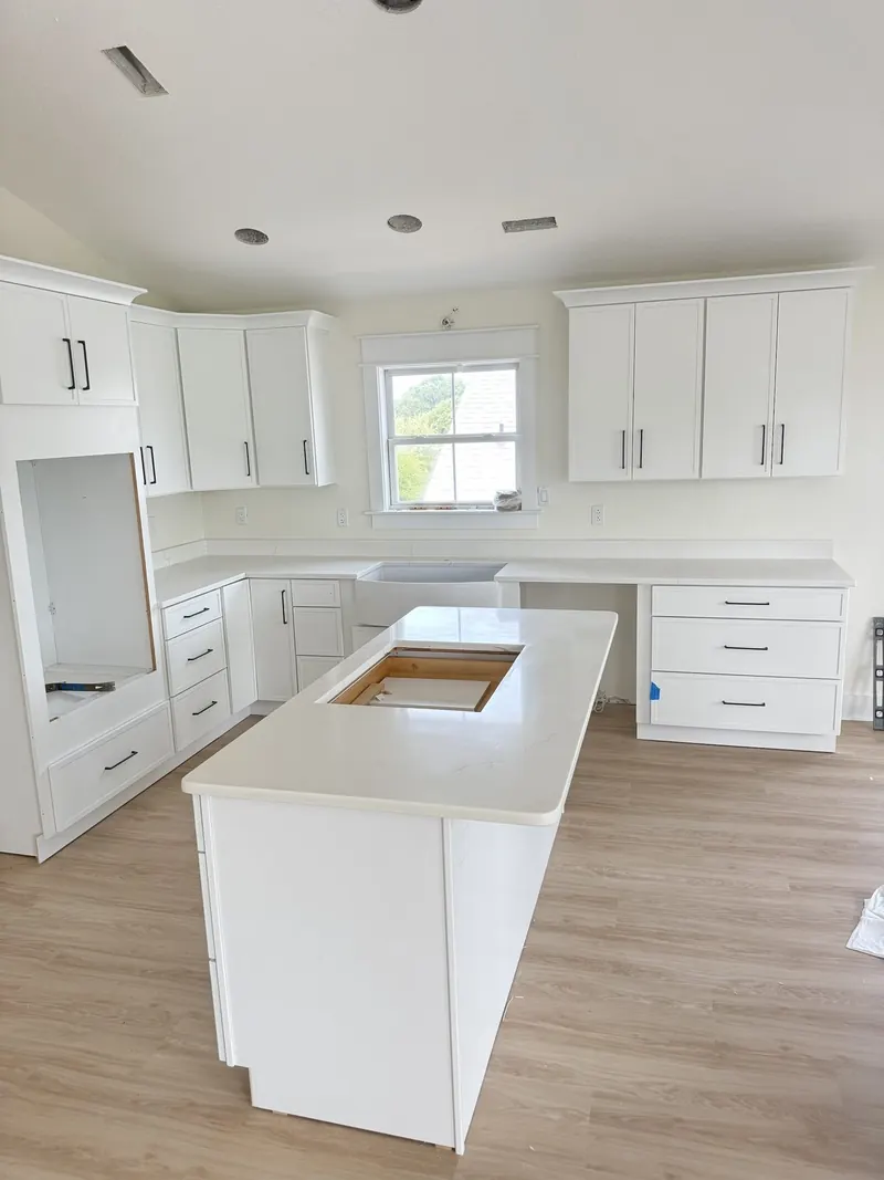 White quartz island and perimeter counters in new construction – Beltway Countertops, Northern Virginia